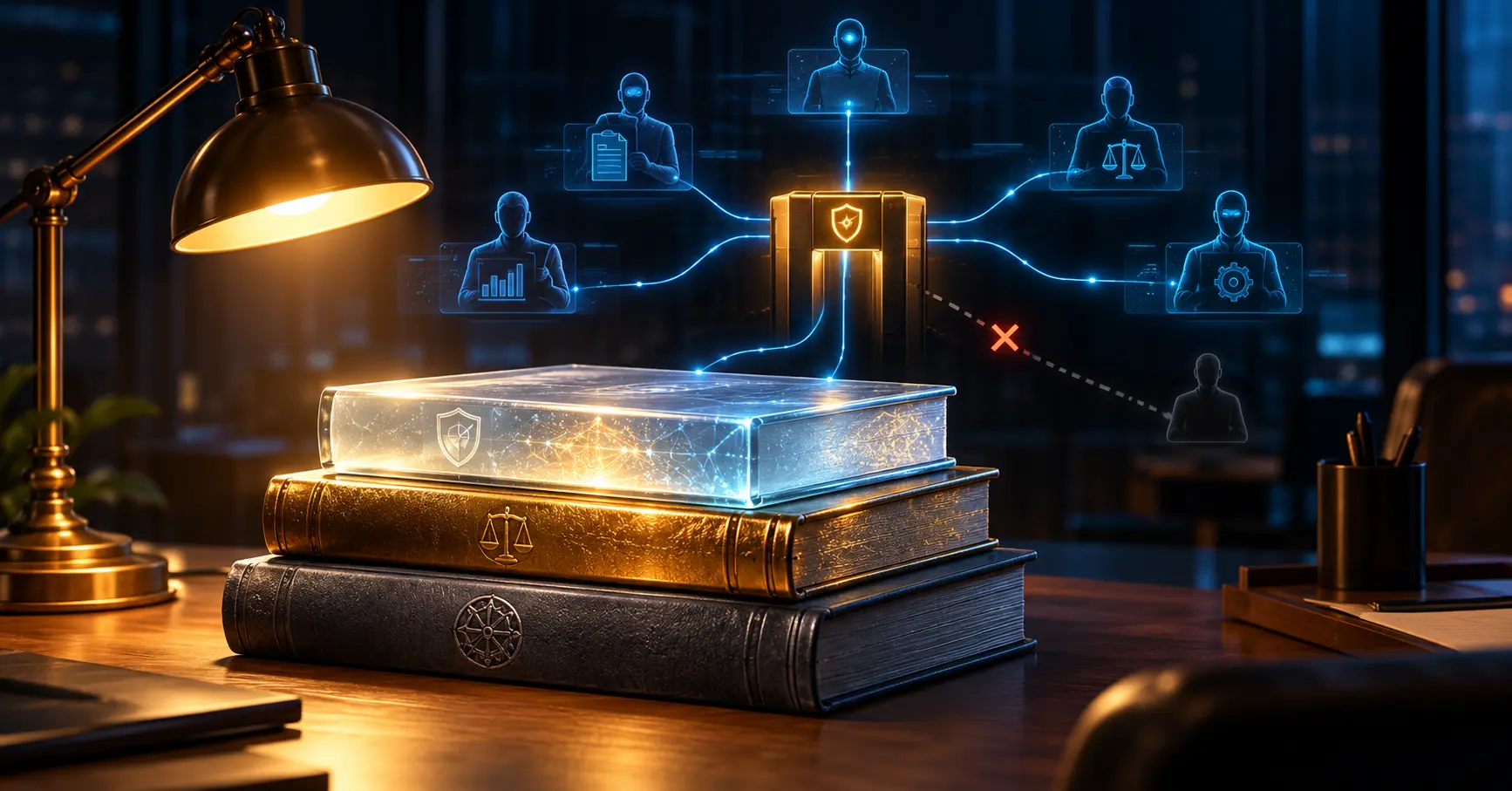 Three stacked ledgers under a desk lamp, with faint agent silhouettes wired through an amber inspection gate; one thread ends short of the gate