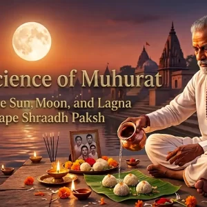 An image explaining the science of muhurat and its influence on Shraadh Paksh, featuring an older man performing a Hindu ritual.Image Title: The Science of Muhurat for Shraadh Paksh