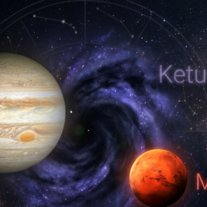 Conjunction of Jupiter, Mars, and Ketu showing the two planets alongside a dark astrological cosmic vortex against a starry space background.