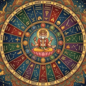 Detailed circular chart of the 27 Nakshatras in Vedic astrology featuring cosmic symbols, constellations, zodiac signs, and Lord Brahma seated at the center.