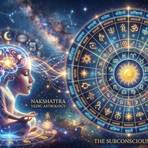 A serene figure meditating in cosmic space, illustrating the connection between Vedic Nakshatras astrology wheel and the illuminated subconscious mind.